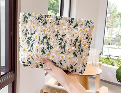 Cosmetic Bags for Women Makeup Bag Large Capacity Purse Travel Toiletry Zipper Storage Pouch Make up Brushes Organizer for Gifts (Daisy, White)