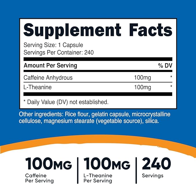 Nutricost Caffeine with L-Theanine, 100mg of Each, 240 Capsules, 240 Servings - Non-GMO and Gluten Free