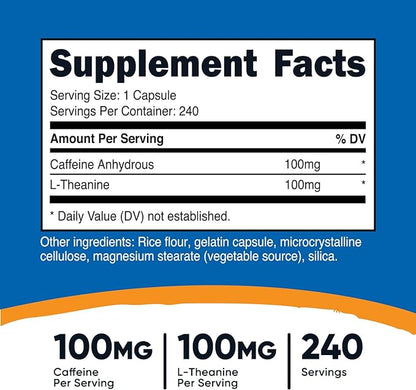 Nutricost Caffeine with L-Theanine, 100mg of Each, 240 Capsules, 240 Servings - Non-GMO and Gluten Free