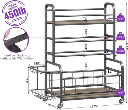 Homeiju 450LBS Dumbbell Rack,Weight Rack for Dumbbells,Weight Rack for Home Gym,Home Gym Storage for Strength Training Dumbbell Racks Stand with Wheels&Hooks