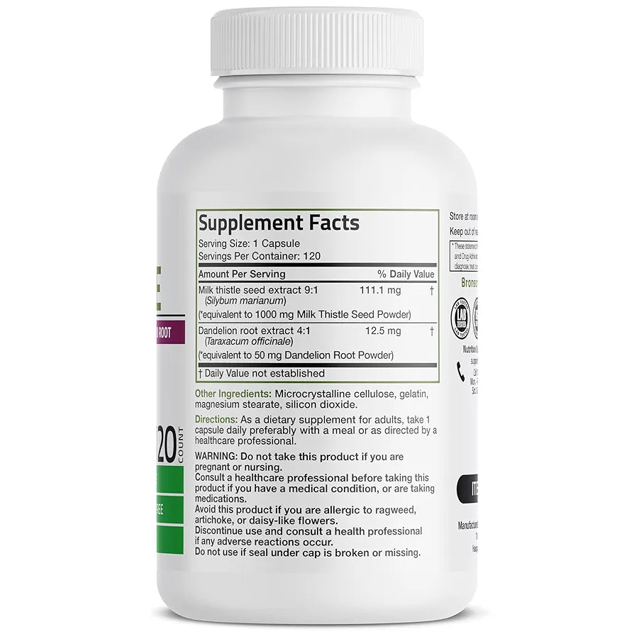 Bronson Milk Thistle Silymarin Marianum & Dandelion Root Liver Health Support, Antioxidant Support, Detox, 120 Capsules