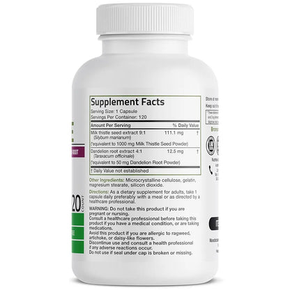 Bronson Milk Thistle Silymarin Marianum & Dandelion Root Liver Health Support, Antioxidant Support, Detox, 120 Capsules