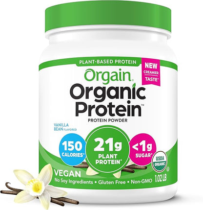 Orgain Organic Vegan Protein Powder, Vanilla Bean - 21g Plant Based Protein, 4g Prebiotic Fiber, No Lactose Ingredients, No Added Sugar, Non-GMO, For Shakes & Smoothies, 1.02 lb (Packaging May Vary)