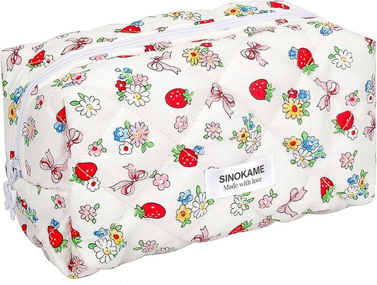 Quilted Makeup Bag, Handmade Strawberry Cosmetic Bag Pencil Case Coquette Aesthetic Floral Makeup Organizer Bag, Travel Skincare Toiletry Brushes Organizer(White Berries)