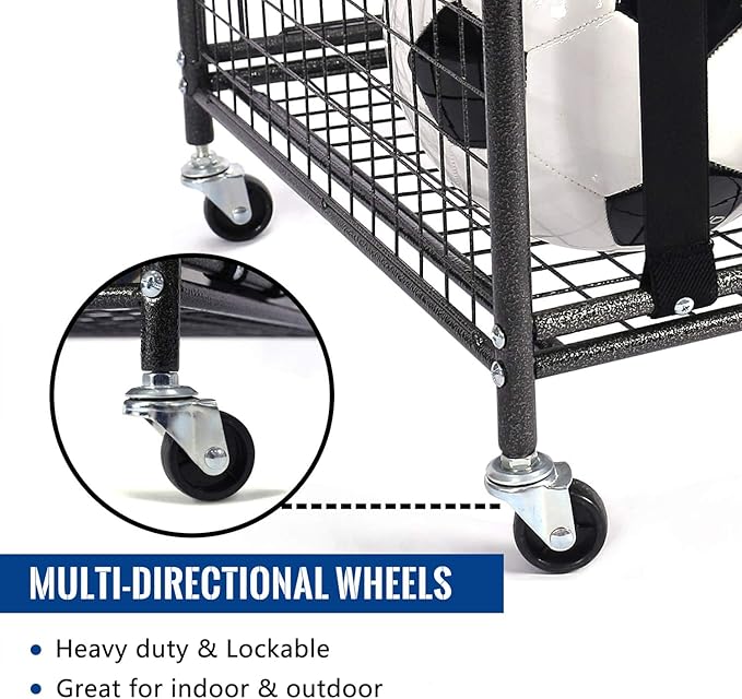 Mythinglogic Rolling Sports Ball Storage Cart, Sports Lockable Ball Storage Locker with Elastic Straps, Stackable Ball Cage for Garage Storage Garage Organizer