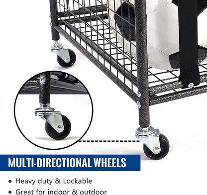 Mythinglogic Rolling Sports Ball Storage Cart, Sports Lockable Ball Storage Locker with Elastic Straps, Stackable Ball Cage for Garage Storage Garage Organizer