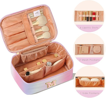 Meiyuuo Large Makeup Bag Cute Travel Pro Cosmetic Bags Personalized Chenille Letter Bag Travel Toiletry Organizer for Women Teen Girls Gifts for Her Preppy Rainbow Pink M
