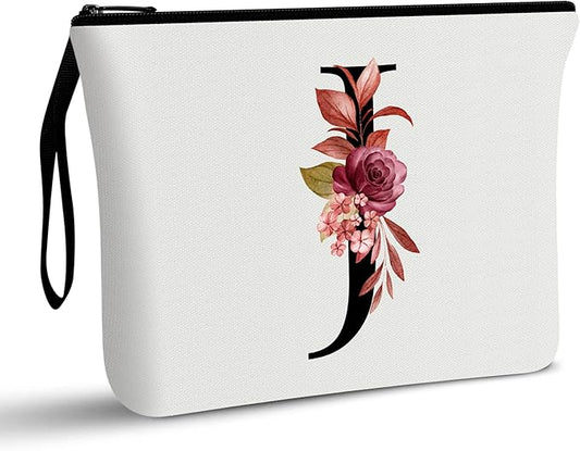 Vavabox A-Z Personalized Makeup Bag, Birthday Gifts for Women Mom, Gifts for Best Friend, Bride Bridesmaid Cosmetic bag (J, White)