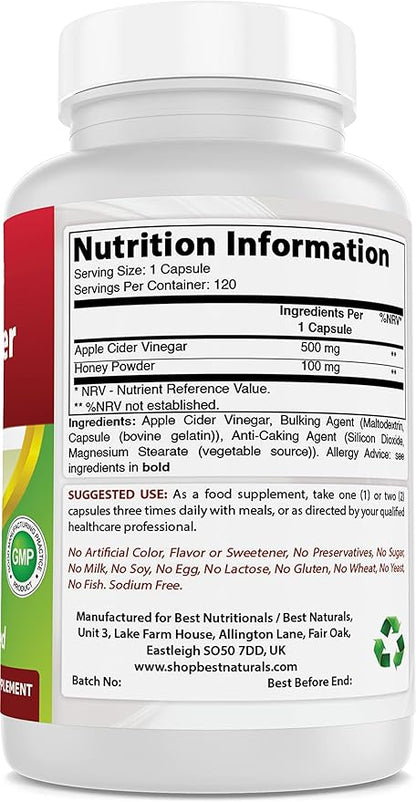 Best Naturals Apple Cider Vinegar Plus 500 Mg Capsules, 120 Count