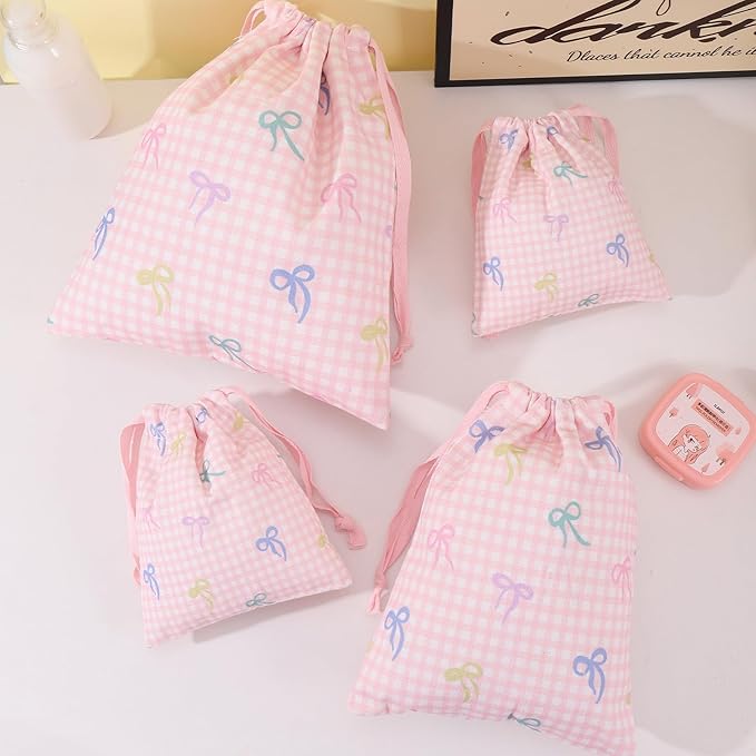 LYDZTION 4pcs Floral Drawstring Makeup Bags Pouches For Purse, Small Canvas Cloth Gift Bags Pouch For Cosmetics Jewerlry Home Travel Storage, Pink Bow