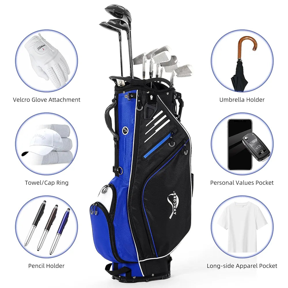 Golf Stand Bag 14 Way Top Dividers Full-Length with Stand, 8 Pockets, Cooler Pouch, Waterproof Golf Bag for Men, Dual Strap, Rain Hood