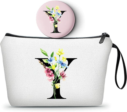 SEAMOON Women Birthday Unique Initial Funny Gifts for Teenage Girl Sister Friends Bridesmaid Personalized Travel Make up Cosmetic Bag with Mirror Valentines Mothers Day Christmas Graduation Y
