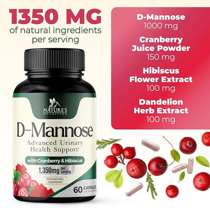 DMannose Pills with Cranberry 1350mg Advanced Formula - Effective Natural Bladder, Urinary Tract Health Support, Flush Impurities - D Mannose Supplements for Women & Men, Non-GMO, Vegan - 60 Capsules