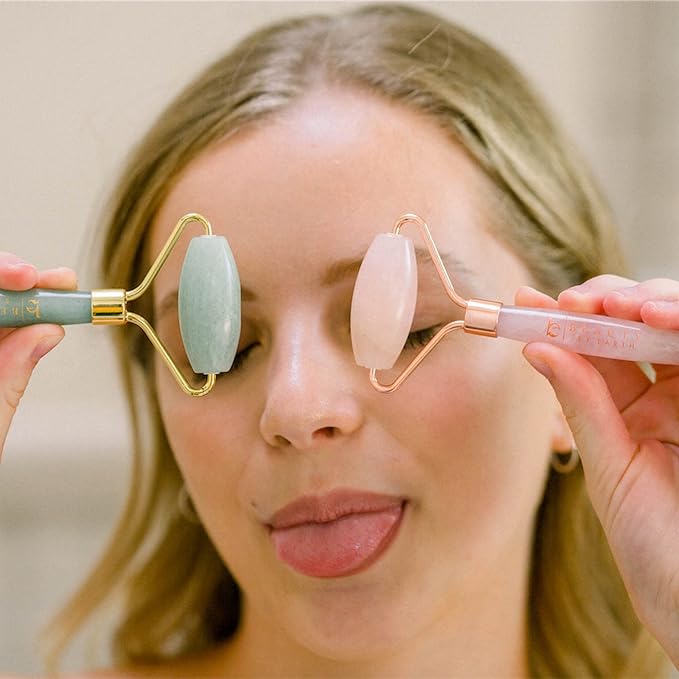 Beauty by Earth Jade & Rose Quartz Roller for Face - Face Massager Skin Care Tools with Small Eye Roller for Puffy Eyes