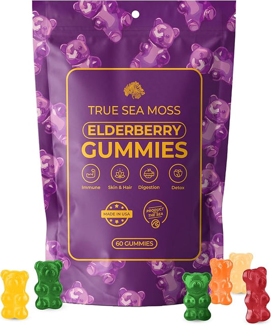 Sea Moss Elderberry Gummies for Adults & Kids - Magnesium, Burdock Root & Bladderwrack – Supports Immune, Boost Energy, Skin & Hair Health, Detox – Made in USA - 60 Vegan Gummies