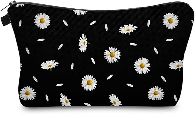 Cute Travel Makeup Bag Cosmetic Bag Small Pouch Gift for Women (Daisy Black)