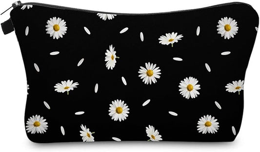 Cute Travel Makeup Bag Cosmetic Bag Small Pouch Gift for Women (Daisy Black)