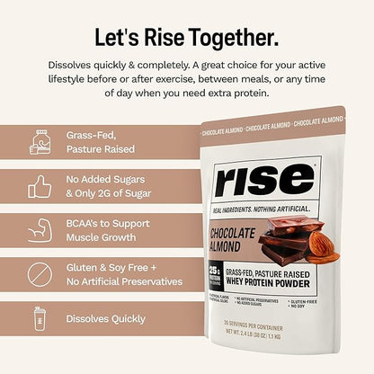 Rise Grass-Fed Whey Protein Powder - Sample Chocolate Almond | 25g Protein No Artificial Flavors, Colors, or Preservatives - Sugar Free, Gluten-Free, Soy Free (Single Serving)