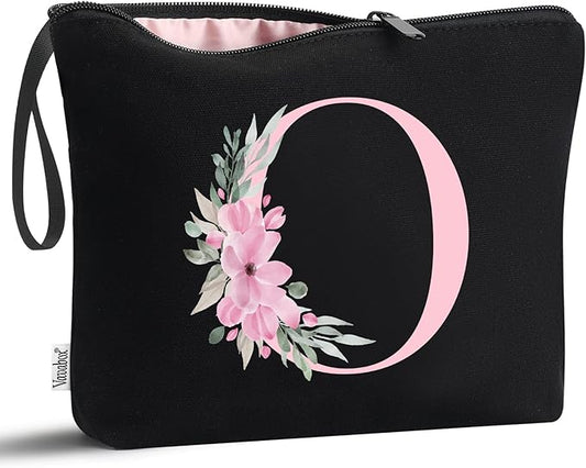 Vavabox A-Z Personalized Makeup Bag, Birthday Gifts for Women Mom, Gifts for Best Friend, Bride Bridesmaid Cosmetic bag (O, Black)