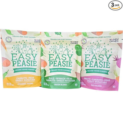 Easy Peasie Organic Veggie Powder Blends for Kids and Picky Eaters | Hidden Vegetable Powder Additive for Meals and Smoothies (3-Pack Pouches: Green, Red, and Original - each 2 oz)