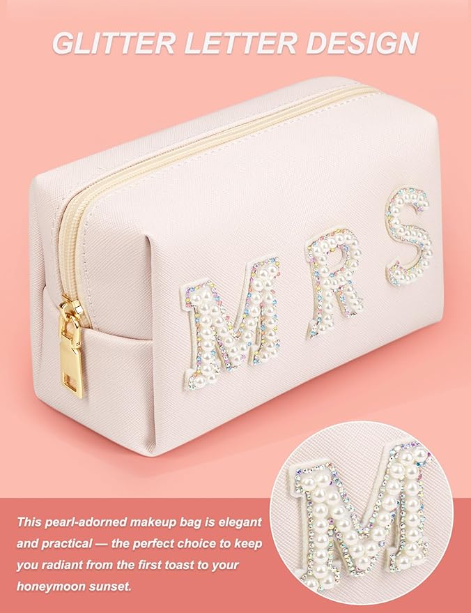MRS Preppy Makeup Bag with Gift Box, Bride Cosmetic Bag for Bridesmaid Engagement, Purse Bridal Shower, Bridal Beauty Prep, Wedding Day