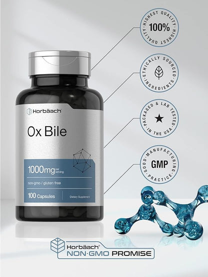 Horbäach Ox Bile Supplement | 1000mg | 100 Capsules | Digestive Enzymes Supplement | Non-GMO & Gluten Free