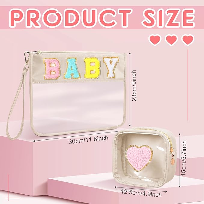 Hillban 2 Pcs Baby Bag Set Chenille Letter Bags Preppy Patch Makeup Pouch Baby Travel Pouch Waterproof Portable Toiletry Storage for Women Mom
