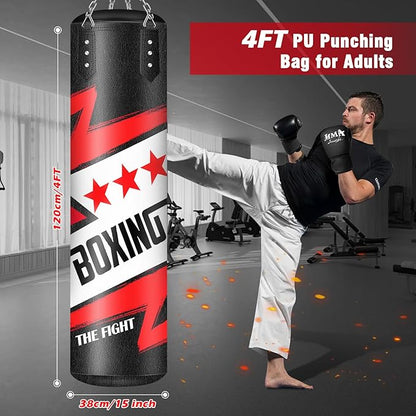 Hanging Punching Bag for Adults, 4ft PU Leather Heavy Boxing Bag Set, Hanging Bag Boxing Equipment for MMA Karate Kickboxing Boxing Home Gym, Unfilled