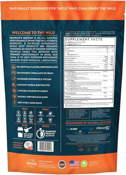 TruWild Motion - 3 Pack, All Natural Plant Based Vegan Pre Workout Powder for Men & Women, Clean Energy Supplement with Electrolytes, Increased VO2 Max, No Chemicals, Fillers or Synthetic Stimulants