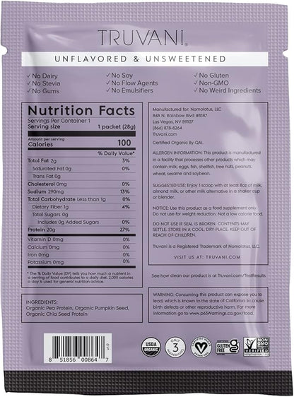 Truvani Vegan Pea Protein Powder | Unflavored | 20g Organic Plant Based Protein | 1 Serving | Keto | Gluten & Dairy Free | Low Carb | No Added Sugar