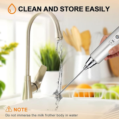 YUSWKO Rechargeable Milk Frother Handheld with 3 Heads, Silver Coffee Electric Whisk Drink Foam Mixer, Mini Hand Stirrer with 3 Speeds Adjustable for Latte, Cappuccino, Hot Chocolate, Egg