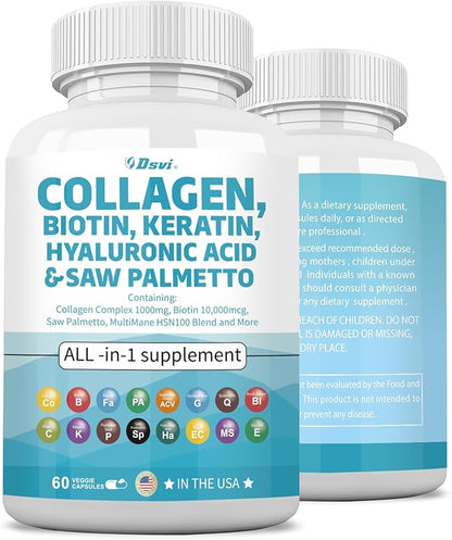 Collagen Pills 1000mg Biotin 10000mcg Keratin Saw Palmetto 2500mg Hyaluronic Acid - Hair Skin and Nails Vitamins and DHT Blocker with Vitamin E Folic Acid Pumpkin Seed MSM for Men and Women,60 Count