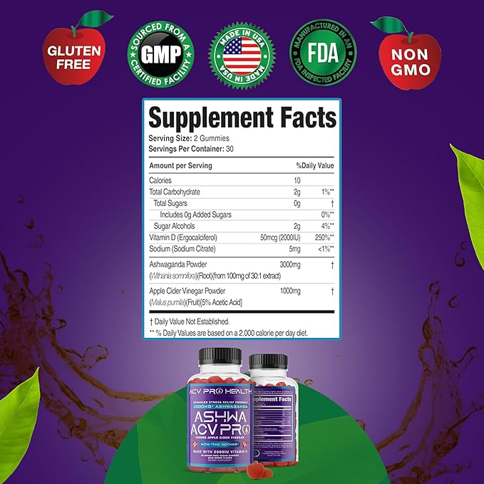 Ashwa ACV Pro Health - Sugar Free Apple Cider Vinegar Gummies, Ashwagandha Gummies, Advanced Keto ACV Gummies, Ashwagandha Supplements with Vitamin D, Stress Relief Supplement,1g Carbs Per Gummy Golo
