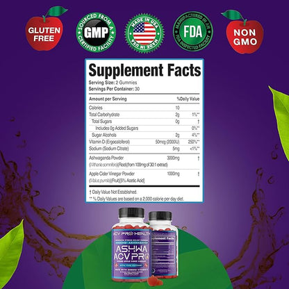 Ashwa ACV Pro Health - Sugar Free Apple Cider Vinegar Gummies, Ashwagandha Gummies, Advanced Keto ACV Gummies, Ashwagandha Supplements with Vitamin D, Stress Relief Supplement,1g Carbs Per Gummy Golo