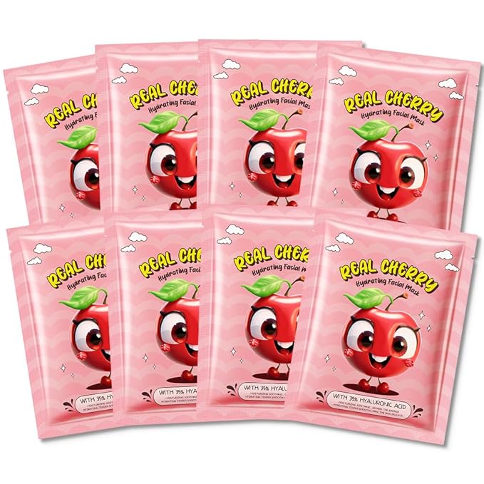8 Pack Cherry Fruit Face Mask,Pink Face Masks Spa Day kit Supplies for Teens Girls Women,Sheet Facial Mask Skincare for Kids Gifts Set,Hydrate Nourish Soothe for All Skin Types,Spa Party Favors