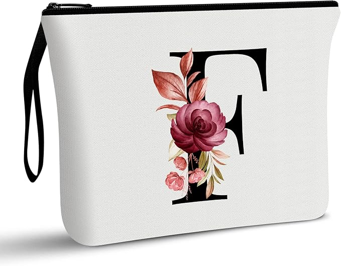 Vavabox A-Z Personalized Makeup Bag, Birthday Gifts for Women Mom, Gifts for Best Friend, Bride Bridesmaid Cosmetic bag (F, White)
