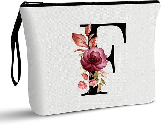 Vavabox A-Z Personalized Makeup Bag, Birthday Gifts for Women Mom, Gifts for Best Friend, Bride Bridesmaid Cosmetic bag (F, White)