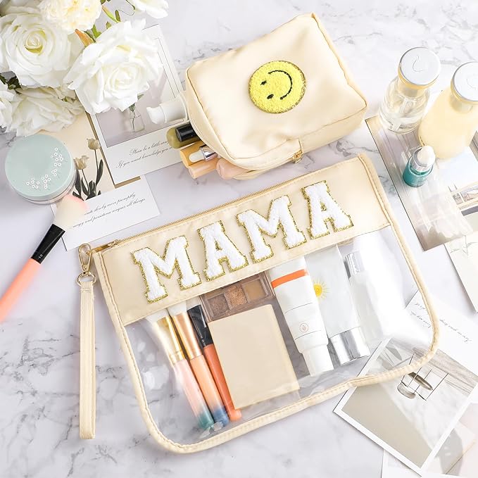 Hillban 2 Pcs Mama Gifts Set Mama Makeup Bag for Hospital Chenille Letter Pouch Preppy Patch Beach Travel Bags Aesthetic Waterproof Portable Toiletry Storage