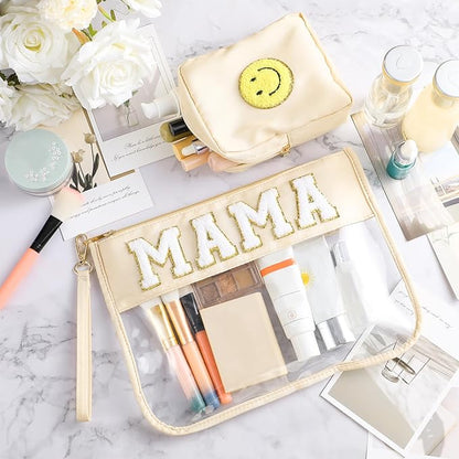 Hillban 2 Pcs Mama Gifts Set Mama Makeup Bag for Hospital Chenille Letter Pouch Preppy Patch Beach Travel Bags Aesthetic Waterproof Portable Toiletry Storage