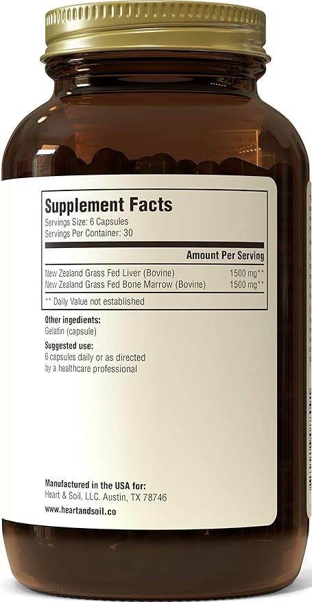 Heart & Soil Grass-Fed Bone Marrow & Liver Supplement - Desiccated Organ Supplements to Enhance Mood, Bone, Joint, Tissue, & Skin Health - 180 Capsules