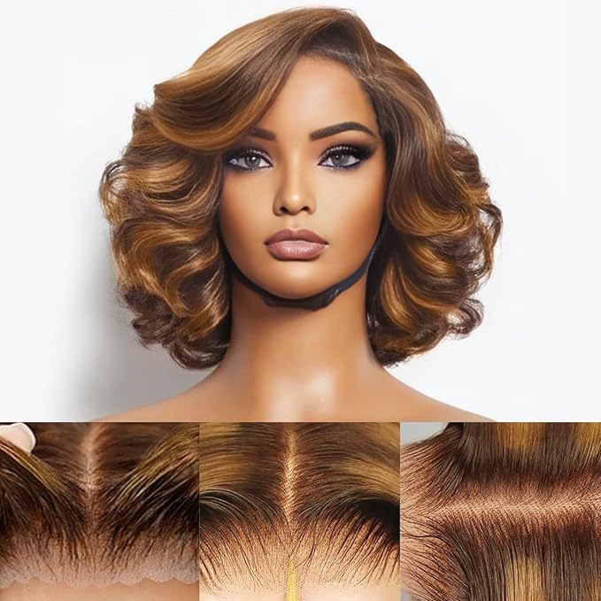 Ombre Lace Front Wig Human Hair Body Wave 9x6 Glueless Wigs Human Hair Pre Plucked Pre Cut 180% Density Wear and Go Highlight Wig Human Hair Bob 4/27 Brown Blonde Short Wigs For Women 10 Inch