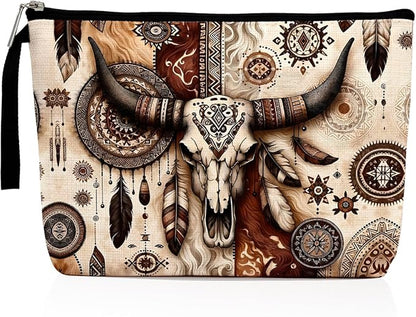 Western Cow Skull Makeup Bag Country Stuff Western Gifts for Women Female Country Girls Friend BFF Cowgirl Gifts Cosmetic Bag Zipper Pouch Western Stuff Travel Bag Graduation Birthday Gifts