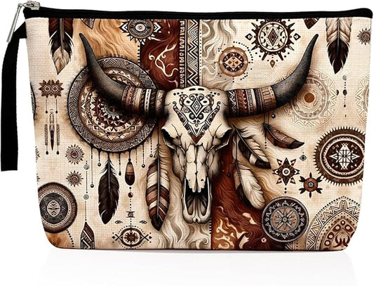 Western Cow Skull Makeup Bag Country Stuff Western Gifts for Women Female Country Girls Friend BFF Cowgirl Gifts Cosmetic Bag Zipper Pouch Western Stuff Travel Bag Graduation Birthday Gifts