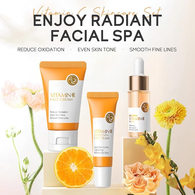 Skincare Set Gifts for Teenagers Girls, Vitamin C Skin Care Set Travel Size Skin Care Set Hydrating Skin Reduce Wrinkles Includes Face Serum,Eye Cream,Face Cream Smoothing Fine Lines（3PCS）