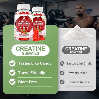Creatine Monohydrate Gummies for Men & Women, Chewables Creatine Monohydrate for Muscle Strength, Muscle Builder, Energy Boost, Sugar Free, Vegan, Strawberry Flavor-120 Count