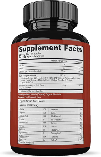 Super-Absorb Multi Collagen Pills (Type I II III V X) Organic Herbs and Bioperine - Hair, Skin, Nails, Joints - Hydrolyzed Collagen Peptides Protein Supplement for Women Men (90 Capsules)