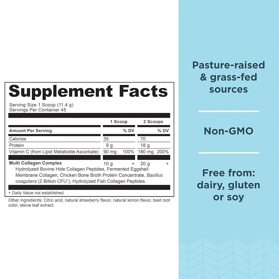 Ancient Nutrition Hydrolyzed Collagen Peptides Powder with Probiotics, Strawberry Lemonade Multi Collagen Protein for Women and Men with Vitamin C, 45 Servings, Supports Skin and Nails, Gut Health, 18