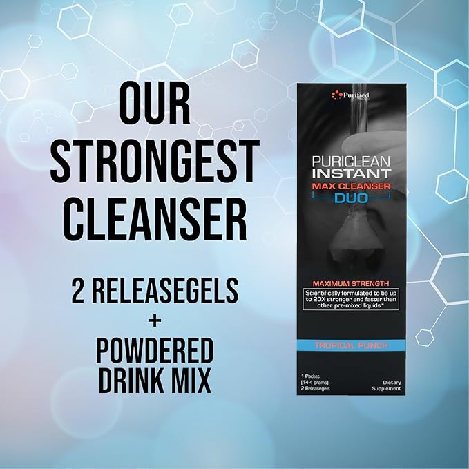 Wellgenix Puriclean Instant Max Cleanser Duo, 20X Stronger Fast Acting Powder & Softgels, Tropical Punch Flavor, Premium Herbal Cleanse Detox, Ideal for Extreme Toxin Levels, 1 Packet & 2 Releasegels