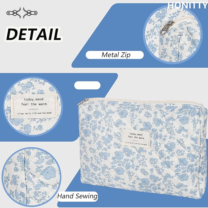 Quilted Makeup Bag,Medium Travel Floral Cosmetic Bag Cute Pouch,Cotton Makeup Brushes Storage Bag for Women