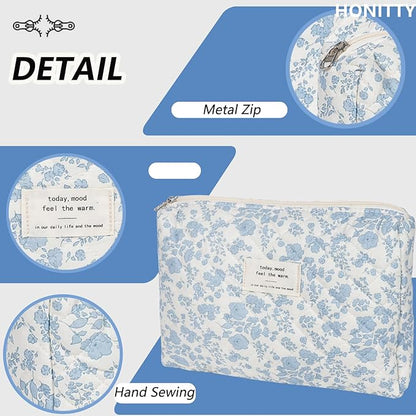 Quilted Makeup Bag,Medium Travel Floral Cosmetic Bag Cute Pouch,Cotton Makeup Brushes Storage Bag for Women